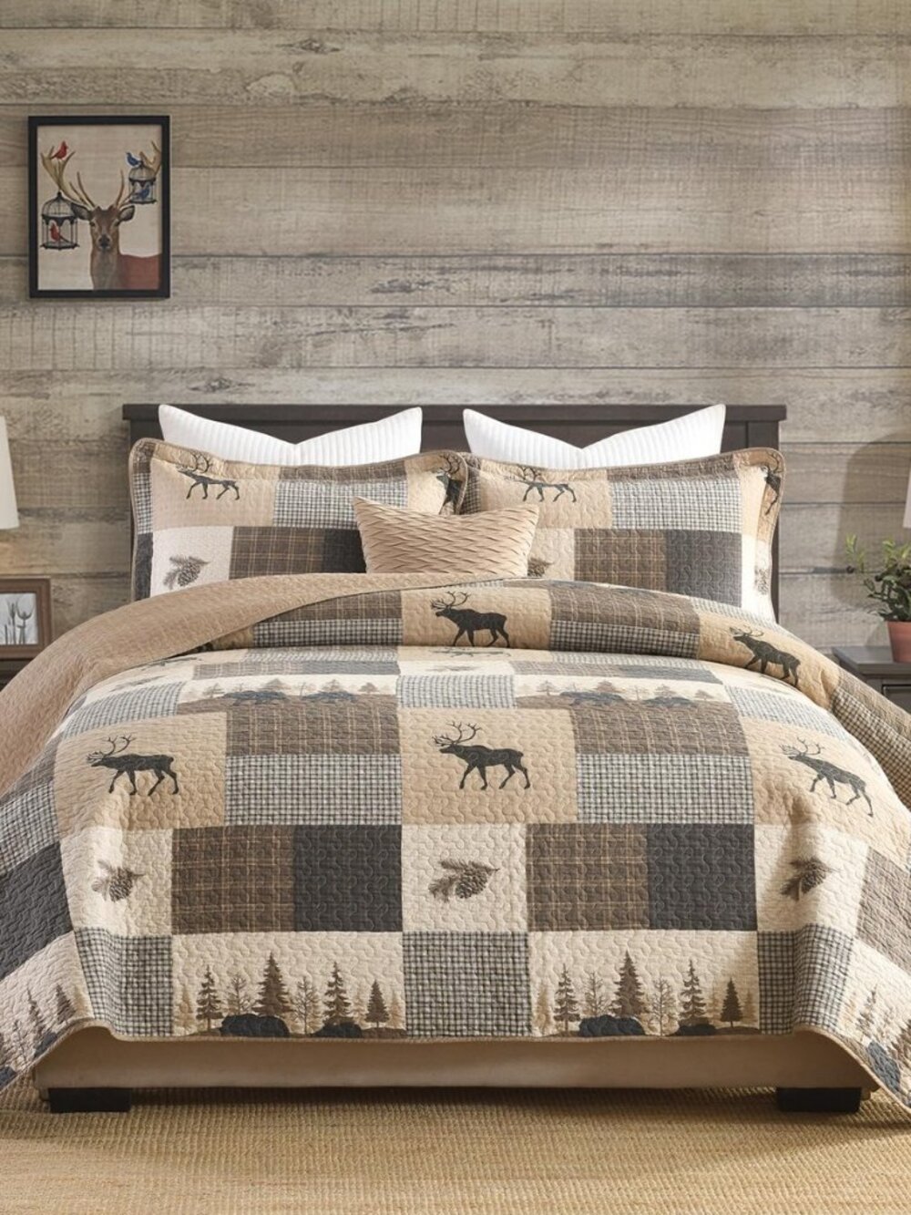 100% Cotton Queen Quilt Set, Rustic Cabin Bear Plaid, Brown/Beige